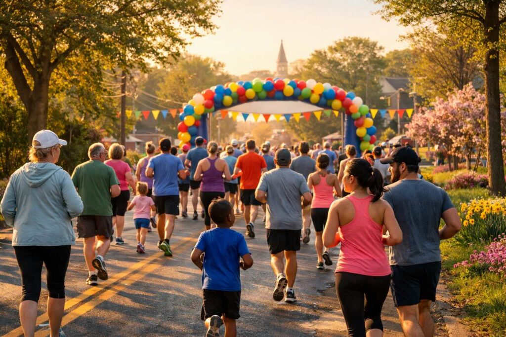 Community runners and walkers participating in a spring 5K charity run on a tree-lined road in New Jersey with a festive finish line arch in the background