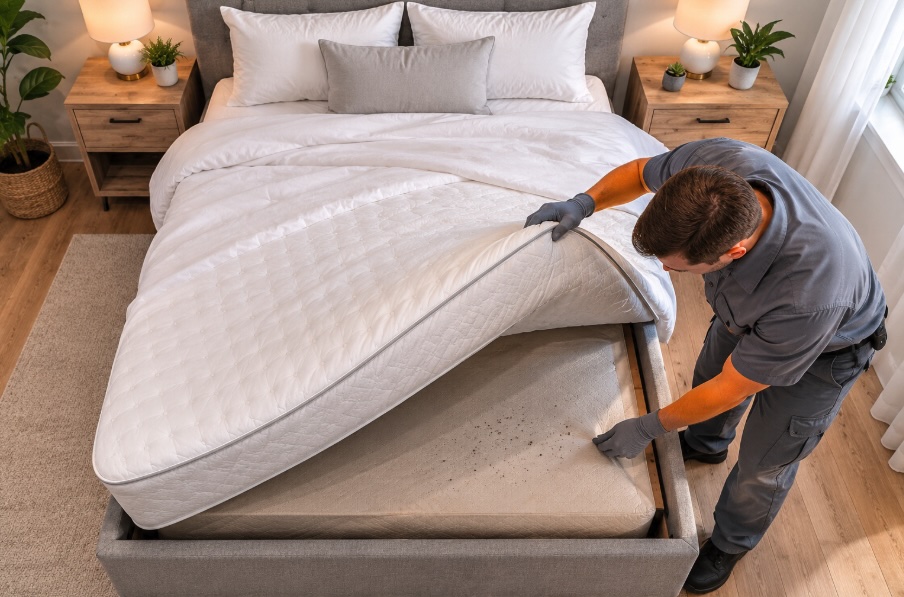 Professional bed bug heat treatment equipment set up in a New Jersey home bedroom.
