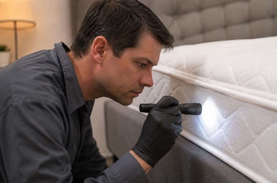 Bed bug inspection on a mattress by a New Jersey pest control professional.