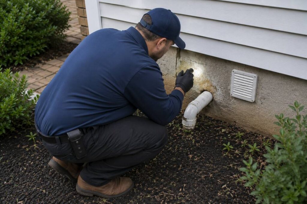 Pest control technician inspecting a foundation gap during a rodent exclusion service at a New Jersey home