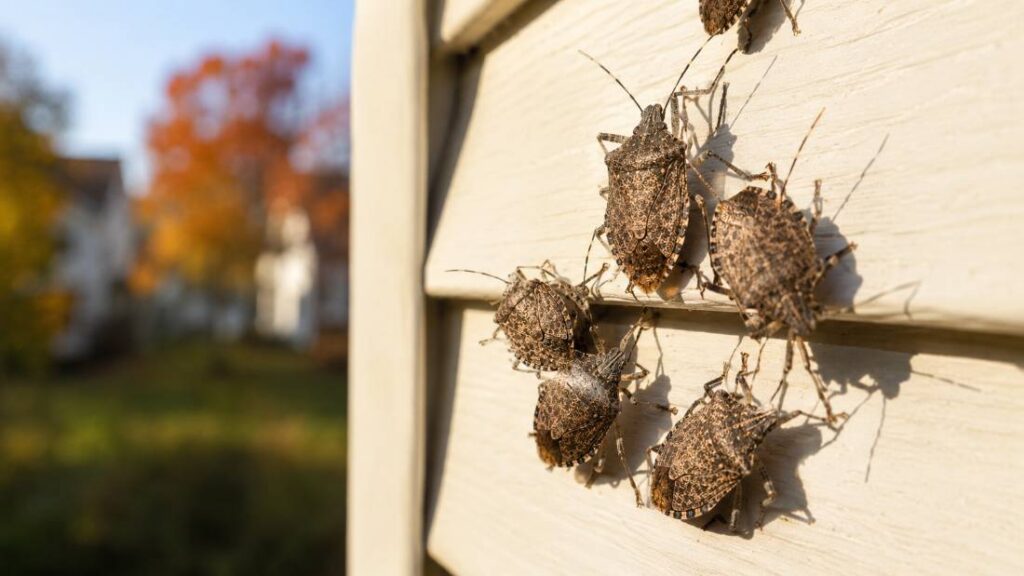 Stink bugs clustering on the sunny exterior wall of a New Jersey home in autumn