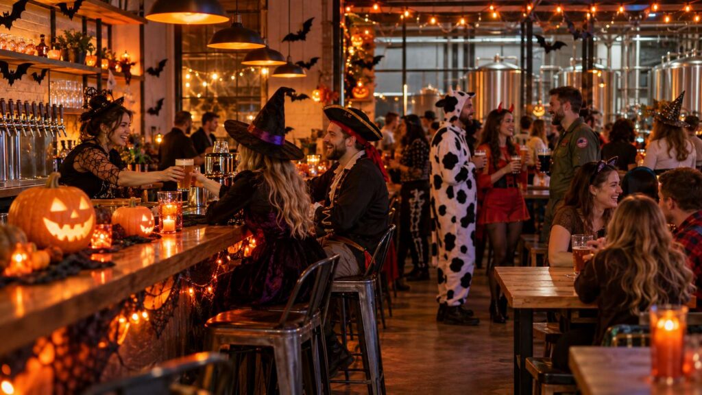 Adults in Halloween costumes networking at a brewery taproom in Brick, NJ