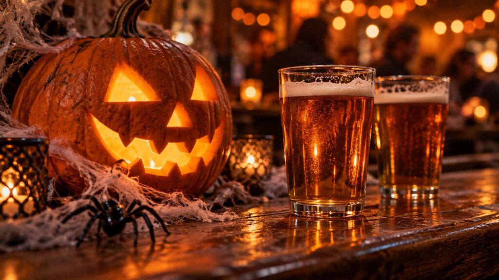 Halloween cobweb and spider decorations on a bar beside craft beers